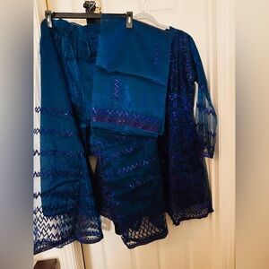 Elegant Blue and Purple Embroidered Dress Set